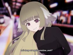  1girl :d arknights arms_behind_back bird_girl blunt_ends blurry blurry_background blush chromatic_aberration depth_of_field dot_nose english_commentary english_text feather_hair green_hair gribberoni grin heart heart_in_eye highres leaning_to_the_side long_hair long_sleeves looking_at_viewer poncirus_(arknights) smile solo subtitled symbol_in_eye train_station upper_body violet_eyes 