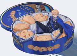  1boy absurdres belt_buckle black_pants black_shirt blonde_hair blue_cape blue_eyes brand_name_imitation buckle cape chest_belt commentary cookie cookie_tin_(object) dimitri_alexandre_blaiddyd fire_emblem fire_emblem:_three_houses food food_wrapper gauntlets greiilock highres in_container long_sleeves looking_to_the_side male_focus mini_person miniboy pants parted_hair royal_dansk shirt short_hair side_cape sitting solo 