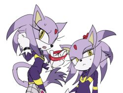 1girl alternate_hairstyle animal_ears blaze_the_cat blaze_the_cat_(riders) bodysuit cat_ears cat_girl cat_tail closed_mouth dochisukiovo eyelashes fang forehead_jewel furry furry_female gloves hair_down hair_tie holding holding_hair_tie multiple_views official_alternate_costume open_mouth purple_bodysuit sonic_(series) sonic_riders_(series) sweatdrop tail untying untying_hair white_background white_gloves yellow_eyes