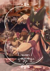  3others animal_ears animal_hands blurry blurry_background braixen claws closed_mouth draw_pann33 floragato fox_ears furry glass green_fur green_hair half-closed_eyes hat highres holly juice looking_at_viewer meowscarada merry_christmas multiple_others other_focus pink_eyes pink_hat pokemon pokemon_(creature) pouring santa_hat short_hair short_tail smile solo_focus tail two-tone_fur upper_body white_fur yellow_fur 