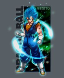  1boy blue_eyes blue_hair blue_pants blue_sash blue_shirt boots border dougi dragon_ball dragon_ball_super earrings energy_ball full_body gloves grey_border ham5037 highres jewelry male_focus medium_hair orange_shirt pants potara_earrings sash shirt solo spiky_hair super_saiyan super_saiyan_blue vegetto white_boots white_gloves 