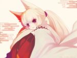  albino animal_ears egasumi fox_ears japanese_clothes long_hair miko original ponytail puti_devil red_eyes sitting solo watermark white_hair 