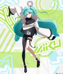 1girl absurdres artist_name blue_eyes blue_hair bow-shaped_hair character_name cosplay eriott full_body goodsmile_company goodsmile_racing hair_between_eyes hatsune_miku highres iono_(pokemon) iono_(pokemon)_(cosplay) long_hair looking_at_viewer pokemon pokemon_sv racing_miku racing_miku_(2022) signature sleeves_past_fingers sleeves_past_wrists solo thigh_strap twintails twitter_username very_long_hair vocaloid