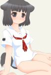  1girl black_eyes black_hair blush bottomless dog_ears dog_tail kimi_kiss kurappii no_panties school_uniform shijou_mitsuki short_hair tail white_background 