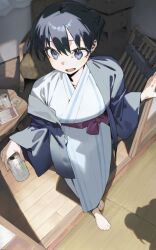  1girl alternate_costume arato_nagi barefoot beer_can black_eyes black_hair breasts can drink_can from_above full_body hair_between_eyes hair_bun hanten_(clothes) holding holding_can indoors japanese_clothes kimono large_breasts long_hair long_sleeves looking_at_viewer looking_to_the_side mi8pq open_mouth ruri_no_houseki sash shadow sliding_doors smile solo standing striped_clothes striped_kimono table white_kimono wooden_floor yukata 