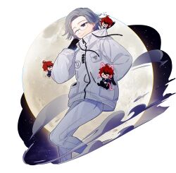  4boys absurdres ahoge aotsuki_eito black_gloves black_pants black_streaks blue_eyes blue_jacket breast_pocket chibi chinese_commentary clone clothes_grab commentary commission crossed_arms drawn_ears drawn_tail drawn_whiskers glasses gloves grey_hair grey_jacket hanging_on hanging_on_arm highres holding_chibi hood hoodie jacket jacket_over_hoodie looking_at_viewer male_focus moon multicolored_hair multicolored_jacket multiple_boys nidengdaowole166 night night_sky one_eye_closed pants pocket puff_of_air red_hair sample_watermark short_hair sky smile streaked_hair sumino_takumi the_hundred_line_-last_defense_academy- two-tone_jacket watermark white_hoodie white_jacket white_pants wind 