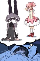  &gt;_&lt; 2girls absurdres akemi_homura akemi_homura_(magical_girl) arm_behind_head black_hair black_headband black_pantyhose black_ribbon black_sailor_collar blush bow choker dreaming dress ebora frilled_dress frilled_sleeves frills gem hair_bow handstand headband highres kaname_madoka kaname_madoka_(magical_girl) long_hair long_sleeves magical_girl mahou_shoujo_madoka_magica mahou_shoujo_madoka_magica_(anime) medium_hair multiple_girls pantyhose pink_bow pink_dress pink_eyes pink_gemstone pink_hair pleated_skirt red_ribbon ribbon ribbon_choker sailor_collar short_twintails skirt soul_gem speech_bubble thought_bubble trembling twintails upside-down 
