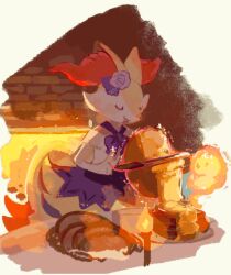 1girl animal_ear_fluff animal_ears bow bowtie braixen braixen_(halloween) cheese cheese_wheel closed_eyes clothed_pokemon draw_pann33 fang fire flower food fox_ears furry furry_female hair_flower hair_ornament highres indoors looking_at_viewer neck_fur open_mouth orange_fur pokemon pokemon_(creature) pokemon_cafe_remix purple_bow purple_bowtie purple_flower purple_rose purple_skirt rose shirt simple_background skirt snout solo standing upper_body white_background white_fur white_shirt yellow_fur 