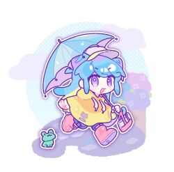  1girl :3 :d blue_hair blue_hat blue_shorts blue_umbrella blush_stickers boots chibi chibi_only commentary drawstring frog full_body hat highres higiki holding holding_umbrella long_hair open_mouth original outline purple_hair raincoat red_boots rubber_boots running shorts smile solo symbol-only_commentary umbrella white_outline yellow_raincoat 