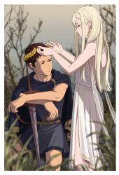  1boy 1girl alternate_costume ancient_greek_clothes arm_rest bare_arms black_cape black_dress blonde_hair blue_eyes blurry blurry_background border brown_eyes brown_hair cape closed_mouth depth_of_field dress earrings enelous feet_out_of_frame gigi_andalusia gold_earrings grass greco-roman_clothes grey_sky gundam gundam_hathaway's_flash hathaway_noa highres jewelry laurel_crown long_dress long_hair long_sidelocks on_rock outdoors peplos planted planted_sword profile putting_on_headwear rock short_dress short_hair sidelocks sitting sky sleeveless sleeveless_dress standing sword triangle_earrings very_short_hair weapon white_border white_dress 