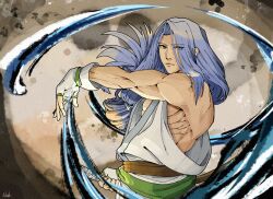  1boy blue_eyes blue_hair closed_mouth epochekhe eyes_visible_through_hair fingerless_gloves folded_ponytail gloves hair_over_one_eye highres holding holding_sword holding_weapon hydrokinesis japanese_clothes kazama_sougetsu long_hair looking_to_the_side male_focus muscular muscular_male obliques samurai_spirits sheath sheathed shirt single_hair_intake sleeveless solo sword water weapon white_gloves white_shirt 