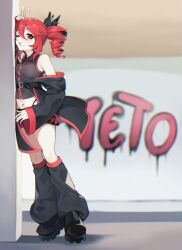 1girl absurdres against_wall alternate_costume bare_shoulders belt black_boots black_bow black_jacket black_leg_warmers black_shirt boots bow breast_pocket buttons cami_arriaga_c character_name english_commentary full_body graffiti grin hair_bow highleg highleg_panties highres jacket kasane_teto kasane_teto_(utau) leg_warmers light_blush looking_at_viewer midriff navel navel_piercing off_shoulder one_eye_closed panties piercing pocket red_eyes second-party_source shirt sleeveless sleeveless_shirt smile solo standing twin_drills twintails underwear utau v