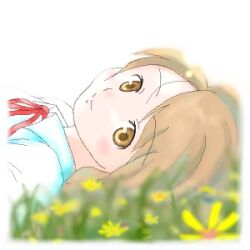  1girl blush border brown_eyes brown_hair closed_mouth commentary_request flower looking_at_viewer lowres lying neck_ribbon oekaki on_back on_ground original red_ribbon ribbon shirt smile solo tororo_(16763) white_border white_shirt yellow_flower 