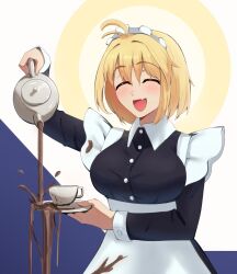  1girl arcueid_brunestud black_dress blonde_hair can closed_eyes cup dress failure fang highres holding holding_can holding_tray okikumo open_mouth short_hair simple_background skin_fang smile solo teacup tray tsukihime upper_body 