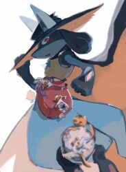  1other :o black_cape black_fur black_hat blue_fur blush candy cape clothed_pokemon draw_pann33 fang food furry hat highres looking_at_viewer lucario lucario_(costume_party) open_mouth pokemon pokemon_(creature) pokemon_unite red_bag red_eyes simple_background solo spikes standing upper_body white_background 