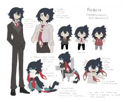  1other :3 androgynous animal_ears aqua_fur aqua_hair black_eyes black_shoes blue_fur body_fur brown_pants brown_shirt chair character_name chibi chibi_inset closed_eyes collared_shirt cowlick eastern_dragon_tail english_text floppy_ears full_body furred_dragon furry grey_shirt highres jejejunum multicolored_fur necktie one_eye_closed original other_focus pants red_fur red_necktie reference_sheet robin_(jejejunum) shirt shoes short_hair simple_background sitting solo suit white_background white_fur 