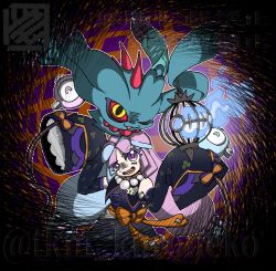  1girl alternate_color blue_hair chandelure detached_sleeves flutter_mane highres iono_(fall_2024)_(pokemon) iono_(pokemon) long_hair looking_at_viewer multicolored_hair official_alternate_costume one_eye_closed pink_hair pokemon pokemon_(creature) pokemon_masters_ex sharp_teeth sleeves_past_fingers sleeves_past_wrists teeth tkm_kuroneko twitter_username two-tone_hair very_long_hair watermark 