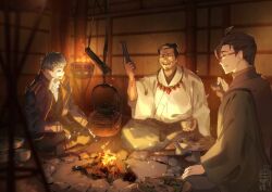  3boys black_hair black_suit brown_kimono chonmage closed_eyes collared_coat cup facial_hair fate/grand_order fate_(series) fingerless_gloves glasses gloves goatee grey_hakama hair_knot hair_pulled_back hair_slicked_back hakama haori holding holding_cup japanese_clothes jewelry kimono magatama magatama_necklace multiple_boys necklace partially_fingerless_gloves saitou_hajime_(fate) saitou_hajime_(first_ascension)_(fate) serizawa_kamo_(fate) shinsengumi_(fate) smile suit teria_(teriarian) topknot white_kimono yamanami_keisuke_(fate) 
