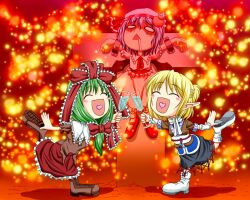  3girls :d alcohol arm_warmers black_skirt blonde_hair blush boots bow brown_boots brown_shirt champagne champagne_flute closed_eyes commentary_request cross crucifixion cup drinking_glass fireflies frilled_bow frilled_skirt frills full_body hair_bow half_updo hat head_bump heart heart_in_mouth kagiyama_hina long_hair mary_janes mizuhashi_parsee multiple_girls open_mouth pointy_ears purple_hat red_background red_bow red_shoes red_skirt remilia_scarlet scarf shiba_meiji shirt shoes short_hair short_sleeves skirt smile toasting_(gesture) touhou triangle_mouth white_boots white_scarf 