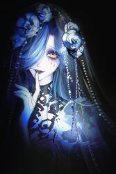  1girl absurdres asymmetrical_bangs black_background blue_flower blue_hair blue_rose bridal_veil finger_to_mouth flower graves_(path_to_nowhere) grey_lips hair_flower hair_ornament highres light_particles looking_at_viewer one_eye_covered pale_skin parted_lips path_to_nowhere pearl_hair_ornament rose simple_background smile solo teardrop_facial_mark upper_body veil yellow_eyes yu_zhezhe 
