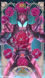  1boy armor belt bodysuit card_(medium) compound_eyes decadriver destruction earth_(planet) english_text giganticbrush gloves glowing glowing_eyes green_eyes helmet highres holding kamen_rider kamen_rider_dcd kamen_rider_decade looking_at_viewer male_focus planet rider_belt roman_numeral solo standing tarot tarot_(medium) the_world_(tarot) tokusatsu 