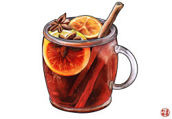  alcohol art_neverath artist_logo cinnamon_stick drink english_commentary food fruit highres lemon lemon_slice logo orange_(fruit) orange_slice original procreate_(medium) simple_background white_background wine 