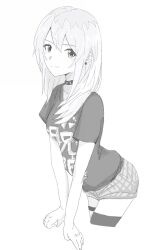  1girl blush breasts choker closed_mouth earrings girls_band_cry greyscale hair_between_eyes highres jewelry kawaragi_momoka long_hair medium_breasts monochrome multicolored_hair n_nai_nai_n roots_(hair) shikai_no_sumi_kuchiru_oto shirt short_sleeves shorts single_thighhigh solo thigh-highs thigh_strap 