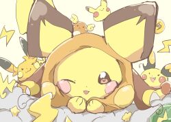  :3 alolan_raichu chi_z_z_z closed_mouth evolution_stone evolutionary_line highres hood lightning_bolt_symbol mega_pokemon mega_raichu_x mega_raichu_y mega_stone no_humans one_eye_closed open_mouth orange_fur pichu pikachu pokemon pokemon_(creature) pokemon_focus pokemon_legends:_z-a raichu smile tail thunder_stone tongue tongue_out yellow_fur 