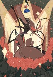  1girl black_skin blue_flower blue_rose border bow brown_background closed_eyes clothed_pokemon colored_skin draw_pann33 dress flower furry furry_female grey_border grey_bow grey_dress grey_hat hat hat_flower heart heart-shaped_eyes highres lizard_tail looking_at_another looking_to_the_side music open_mouth pink_skin pokemon pokemon_(creature) purple_skin red_flower red_rose reptile_girl rose salandit salazzle simple_background singing snout solo_focus sparkle spotlight standing tail upper_body 