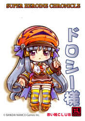  1girl :&lt; back_bow blue_bow blue_sleeves blue_thighhighs boots bow bubble_skirt character_name chibi chibi_only circle_name collared_shirt commentary company_name copyright_name copyright_notice detached_sleeves dorothy_(super_heroine_chronicle) full_body grey_hair hair_tubes hand_up hat highres index_finger_raised kokomahi long_hair looking_at_viewer necktie official_art orange_boots orange_hat orange_skirt red_bow red_necktie shirt simple_background skirt sleeve_cuffs sleeveless sleeveless_shirt solo standing striped_clothes striped_sleeves striped_thighhighs super_heroine_boy thigh-highs two-tone_sleeves two-tone_thighhighs very_long_hair violet_eyes white_background white_shirt yellow_sleeves yellow_thighhighs zettai_ryouiki 