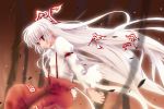  bamboo bamboo_forest fire forest fujiwara_no_mokou leaf long_hair long_sleeves makkuroh_(pixiv) nature pants pose profile red_eyes ribbon shirt smile smirk solo torn_clothes touhou very_long_hair white_hair white_shirt wind you_ku 