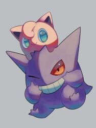  blue_eyes closed_mouth colored_sclera gengar ghost grin highres jigglypuff looking_at_viewer no_humans on_head one_eye_closed open_mouth p9kfxaofqi54546 pokemon pokemon_(creature) pokemon_focus pokemon_on_head red_eyes simple_background smile teeth 