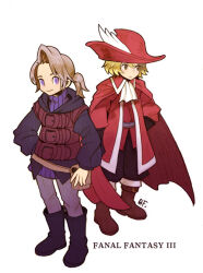 2boys archived_source arm_at_side artist_name ascot belt bf._(sogogiching) black_boots black_gloves black_hood black_jacket black_pants black_sleeves blonde_hair boots bow brown_bag brown_belt brown_bow brown_eyes buckle buckle_boot bycocket cape closed_mouth coat collared_coat collared_sweater commentary_request copyright_name feathers final_fantasy final_fantasy_iii full_body gloves gold_buckle grey_hair grey_pants hair_between_eyes hand_on_own_hip hat hat_feather high_collar hood hood_down hooded_jacket ingus jacket korean_commentary legs_apart light_frown looking_at_viewer looking_to_the_side low_ponytail luneth multiple_boys pants ponytail purple_pupils purple_sash purple_sweater red_cape red_coat red_hat red_shirt red_sleeves ribbed_sweater sash shirt signature simple_background single_hair_intake sleeve_cuffs smile square_enix standing sweater turtleneck turtleneck_sweater violet_eyes waist_bag white_ascot white_background white_feathers wing_collar 