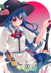  1girl absurdres black_hat blue_hair blue_skirt hat highres hinanawi_tenshi long_hair peach_hat_ornament penglai_tea red_eyes shirt skirt solo sword_of_hisou touhou white_shirt 
