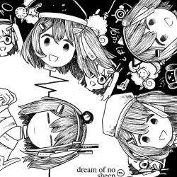  1girl =_= a.i._voice adachi_rei bow cardiogram closed_eyes closed_mouth disembodied_head do_androids_dream_of_electric_sheep? english_text gloves greyscale hair_bow hair_ornament hairband hat highres index_finger_raised kilsturgeon looking_at_viewer monochrome multiple_views one_side_up open_mouth santa_hat sheep short_hair smile utau 