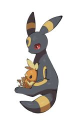  animal_focus animal_hands baby_animal bird black_fur brown_eyes chick facial_mark feathers forehead_mark full_body looking_at_another no_humans orange_feathers pokemon pokemon_(creature) pokemon_focus red_eyes simple_background sitting torchic two-tone_fur umbreon white_background yellow_feathers yellow_fur yumeminoideyu2 