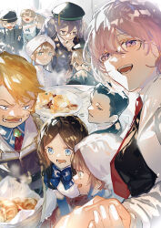  3girls absurdres baker_nemo_(fate) black_hair blonde_hair blue_eyes bread breasts captain_nemo_(fate) closed_eyes engineer_nemo_(fate) fate/grand_order fate_(series) food glasses goredolf_musik hat highres leonardo_da_vinci_(fate) leonardo_da_vinci_(rider)_(fate) leonardo_da_vinci_(rider)_(first_ascension)_(fate) long_hair looking_at_viewer looking_back marine_nemo_(fate) mash_kyrielight multiple_boys multiple_girls nasubi_illust necktie nemo_(fate) novum_chaldea nurse_nemo_(fate) open_mouth professor_nemo_(fate) purple_hair sherlock_holmes_(fate) short_hair sion_eltnam_(type-moon) sion_eltnam_sokaris smile suit twintails violet_eyes 