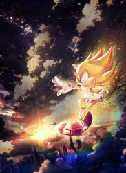  1boy animal_ears animal_nose furry furry_male gloves hedgehog_boy highres lens_flare male_focus outdoors r131q red_eyes red_shoes shoes short_tail solo sonic_(series) sonic_the_hedgehog super_sonic tail white_gloves yellow_fur 