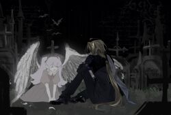  0w0_back 1boy 1girl angel_wings bat_(animal) bicep_strap black_coat black_pants black_shoes blonde_hair brother_and_sister closed_eyes coat cross feathers from_side grass graveyard highres hugo_vlad lapel_pin long_hair night night_sky on_ground open_mouth pants pink_hair pointy_ears ring_hair_ornament shoes siblings sitting sky star_(sky) tombstone twintails wings zenless_zone_zero 
