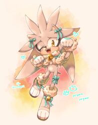  1boy 3582y alternate_costume animal_ears animal_nose aqua_bow aqua_capelet bell body_fur boots bow capelet commentary_request full_body fur-trimmed_boots fur-trimmed_capelet fur_trim furry furry_male gloves grey_fur hedgehog_boy highres jingle_bell looking_at_viewer male_focus neck_fur nyan one_eye_closed open_mouth paw_pose paw_shoes short_tail silver_the_hedgehog simple_background smile solo sonic_(series) standing tail teeth white_boots white_fur white_gloves yellow_eyes 