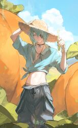 1boy alternate_costume anaxa_(honkai:_star_rail) aqua_hair aqua_shirt black_choker choker closed_mouth commentary cowboy_shot eyepatch gloves hair_between_eyes hand_on_own_head hat highres holding honkai:_star_rail honkai_(series) light_smile looking_at_viewer male_focus male_underwear male_underwear_peek medium_hair navel pants pumpkin quasarus_catt shirt skinny solo standing straw_hat tied_shirt translation_request twitter_username underwear white_gloves 