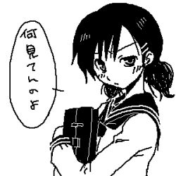  1girl bag blush commentary_request hair_ornament hairclip high_contrast holding holding_bag long_sleeves looking_at_viewer lowres neckerchief oekaki original raised_eyebrow sailor_collar school_bag school_uniform serafuku short_hair simple_background solo tororo_(16763) translation_request upper_body 