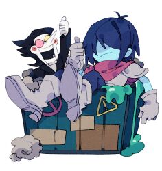  1boy 1other 2525nicc armor black_hair black_shirt blue_hair boots cape circle_facial_mark deltarune dumpster frown gloves grey_boots grey_gloves heterochromatic_eyewear highres kris_(deltarune) red_cape round_eyewear shirt short_hair simple_background slime_(substance) spamton_g._spamton thumbs_up tinted_eyewear utdr_(toby_fox) white_background 