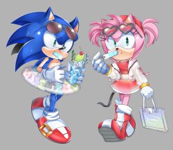  1boy 1girl absurdres amy_rose animal_ears animal_nose bag blue_fur cup eyewear_on_head flower food full_body furry furry_female furry_male gloves green_eyes grey_background heart heart-shaped_eyewear hedgehog_boy hedgehog_girl highres holding holding_bag holding_cup innertube popsicle r131q red_shoes shoes short_tail simple_background sonic_(series) sonic_the_hedgehog standing sunglasses swim_ring swimsuit tail white_gloves 