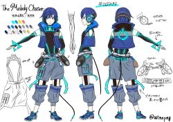 1boy absurdres black_bridal_gauntlets blue_eyes blue_hair bridal_gauntlets closed_mouth clothing_cutout color_guide commentary_request concept_art contest_winner full_body glowing grey_shoes hand_on_own_hip hex_code highres hip_vent kaito kaito_(vocaloid) male_focus multiple_views musical_note official_art project_sekai reference_sheet shoes smile translation_request triangle twitter_username vocaloid white_background winepng
