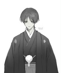  1boy alternate_costume arms_at_sides black_haori blunt_ends closed_mouth empty_eyes expressionless genshin_impact greyscale hair_intakes hakama haori haori_himo highres japanese_clothes juban kimono long_sleeves looking_past_viewer male_focus monochrome scaramouche_(genshin_impact) silent_hill_(series) silent_hill_f solo translation_request twitter_username upper_body white_background white_kimono wispy_bangs yuii_03 