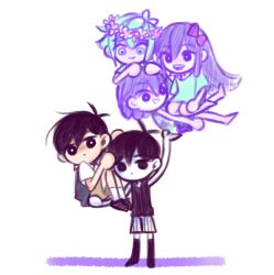  1girl 4boys antenna_hair aubrey_(headspace)_(omori) aubrey_(omori) barefoot basil_(headspace)_(omori) basil_(omori) black_eyes black_hair black_shoes black_socks black_sweater_vest black_tank_top blue_shirt bow bra_strap bright_pupils closed_mouth collared_shirt colored_skin double-parted_bangs dual_persona flower green_eyes green_hair hair_between_eyes hair_bow head_wreath kel_(headspace)_(omori) kel_(omori) kneehighs laser-lance long_hair long_shirt looking_at_viewer multiple_boys omori omori_(omori) open_mouth pink_bow purple_hair purple_shorts shirt shoes short_hair short_sleeves shorts sidelocks simple_background smile socks striped_clothes striped_shorts sunny_(omori) sweater_vest tank_top teeth upper_teeth_only vertical-striped_clothes vertical-striped_shorts violet_eyes white_background white_pupils white_shirt white_shorts white_skin white_socks 