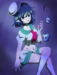  1girl air_bubble black_hair bubble collared_shirt crossed_legs feet_out_of_frame gradient_background green_eyes hat highres holding holding_ladle kneehighs ladle looking_at_viewer midriff murasa_minamitsu navel neckerchief pointy_ears red_neckerchief sailor_hat shirt short_hair short_sleeves shorts sideways_hat simple_background sirmon sitting smile socks solo touhou white_shirt white_shorts white_socks 