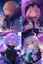  2boys 2girls ;p absurdres aqua_streaks black_gloves black_jacket black_shirt blonde_hair blowing_bubble_gum blunt_bangs blunt_tresses blush candy cellphone chewing_gum closed_mouth commentary_request covered_collarbone double-parted_bangs earrings fingerless_gloves food gloves green_hat grey_hair gyakkou_no_lens_flare_(project_sekai) hair_between_eyes hand_up handheld_game_console hat highres holding holding_candy holding_food holding_handheld_game_console holding_lollipop holding_phone hood hood_down hood_up hooded_jacket hoodie jacket jewelry kamishiro_rui kheng_(k_heng1223) kusanagi_nene lollipop long_hair long_sleeves looking_at_viewer low-tied_sidelocks male_focus mask mask_pull mouth_mask multicolored_hair multiple_boys multiple_girls night official_alternate_costume one_eye_closed ootori_emu open_clothes open_jacket open_mouth outdoors phone pink_eyes pink_hair project_sekai purple_hair red_eyes shirt short_hair sidelocks smartphone smile solo sparkle streaked_hair swirl_lollipop tenma_tsukasa tongue tongue_out turtleneck two-tone_hair upper_body v-shaped_eyebrows violet_eyes white_hoodie white_jacket wonderlands_x_showtime_(project_sekai) yellow_eyes zipper 