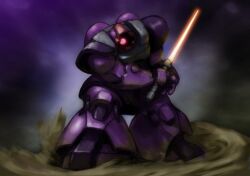  aniki_gunsou armor blurry blurry_background commentary_request dom_(mobile_suit) dust energy_sword fighting_stance glowing glowing_eye gundam holding holding_sword holding_weapon joints looking_at_viewer machinery mecha mecha_focus mobile_suit mobile_suit_gundam no_humans no_pupils one-eyed partial_commentary pink_eyes robot robot_joints science_fiction shoulder_armor solo sword weapon zeon 